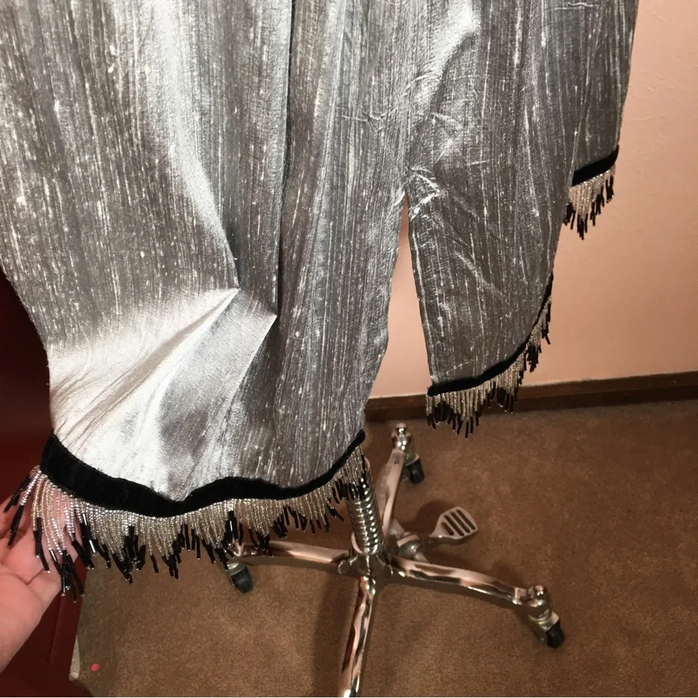 Vintage 1990 Y2K Unique Art deco Raw Silk Beaded Fringe Midi Formal Skirt - Picture 9 of 17